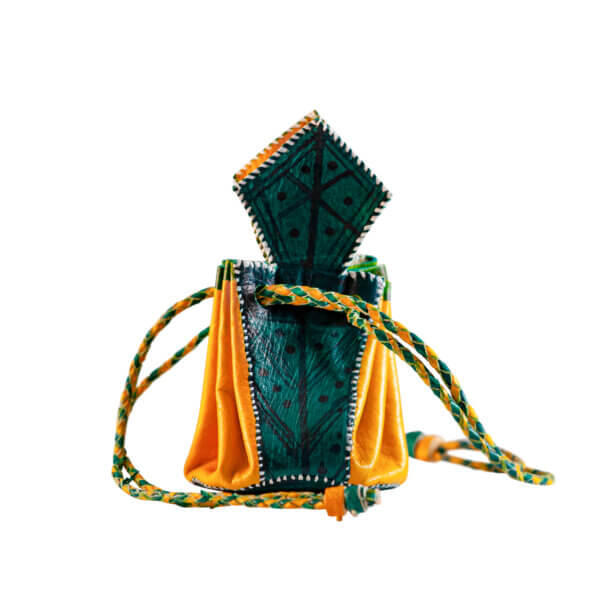 Tuareg Lederbeutel gelb/grün, klein, 6 cm